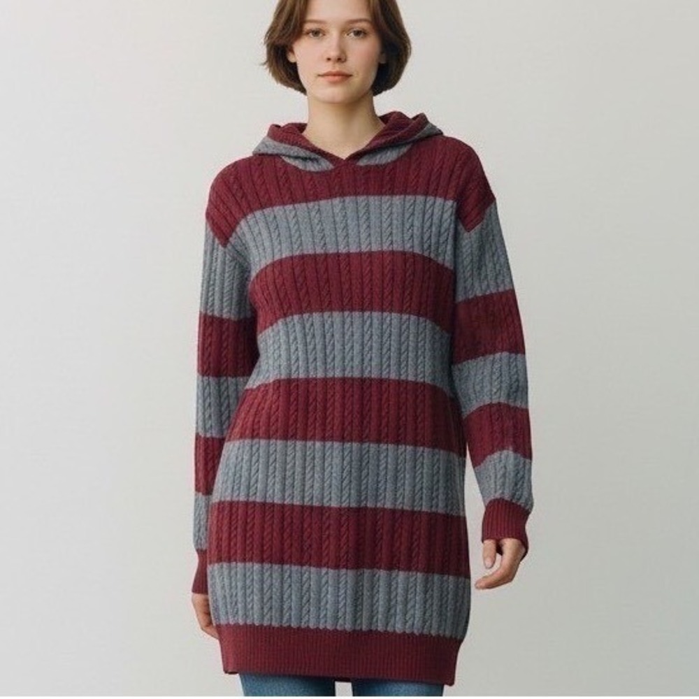 For Justify Burgundy Grey Striped Cable Knit Hooded Sweater Dress Small